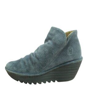 Fly London Gray Suede Side Zip Pull On Comfort Wedge Ankle Boots Size 6.5